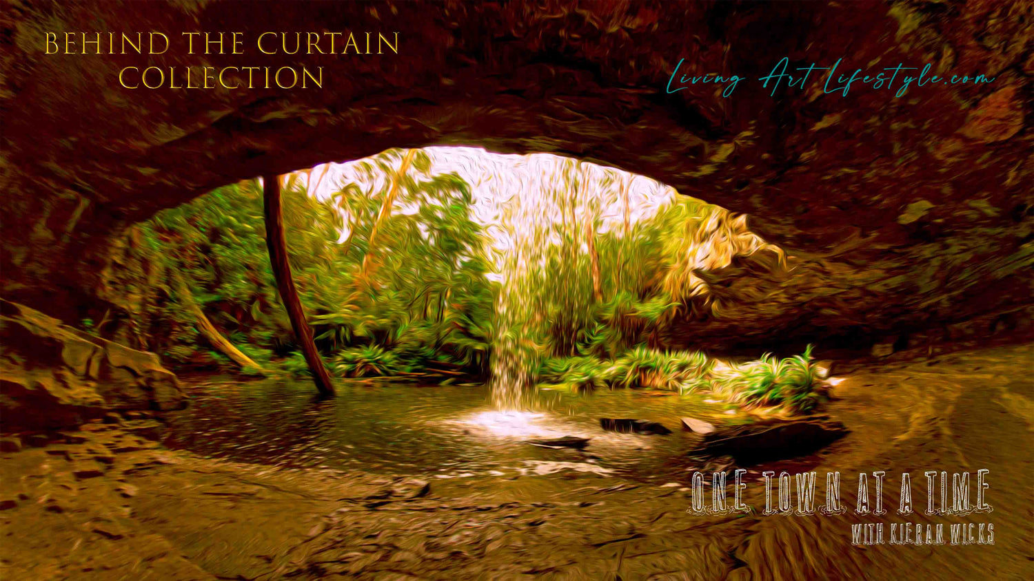  Behind the Curtain Collection from Living Art Lifestyle view from behind a waterfall in a cave looking out into the forest Otways National Park Victoria. chasing waterfalls, waterfall, Lower Kalimna Falls, Lorne, Victoria, rain forest, cave, untouched
