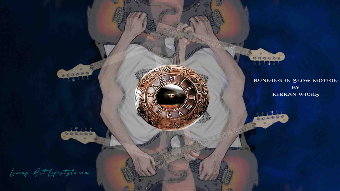 MIRRORED 360VR image of Kieran Wicks Playing Fender Electric Guitar, vintage pocket watch inlay, from the film clip Running in Slow Motion