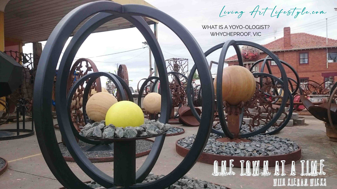 Yoyo-ologist Jimmy Johnson Outdoor Open Air Art Museum Metal welded scultpures geometirc designs large stone balls Whycheproof Victoria