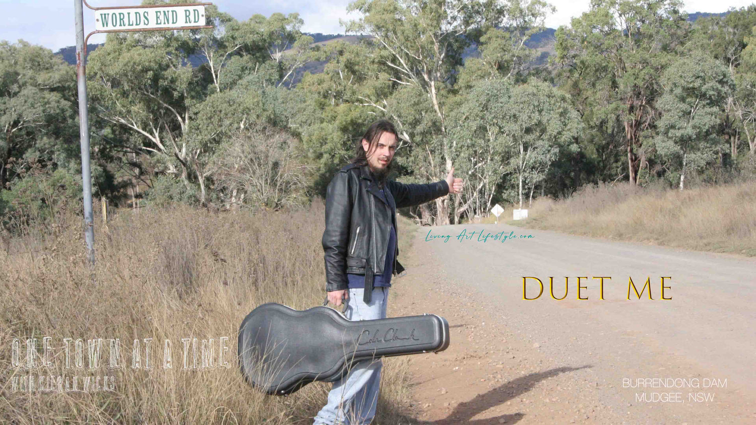 Kieran Wicks Hunter & King Album Cover - Hitchhiking down Dirt road raod sign worl'd end road Burrendong Dam near Mudgee Mid Western NSW