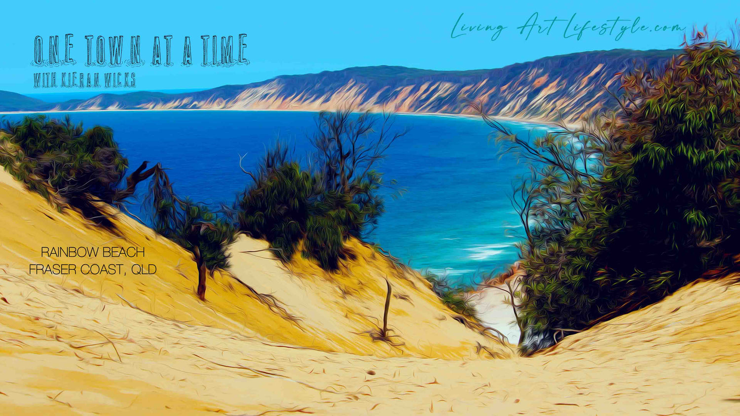 Panoramic view of Rainbow Beach QLD Yellow and Blue Colours Dominate Digital Art